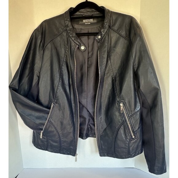 Kenneth Cole Reaction Navy Faux Leather Moto Jacket XL Stretch Designer - Picture 2 of 16